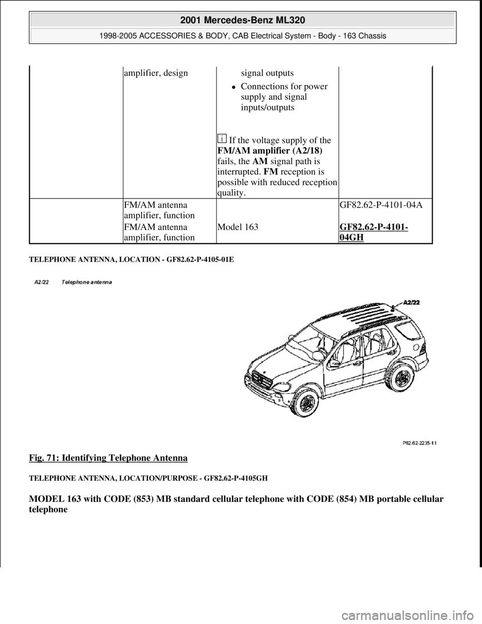 MERCEDES-BENZ ML430 1997  Complete Repair Manual TELEPHONE ANTENNA, LOCATION - GF82.62-P-4105-01E 
Fig. 71: Identifying Telephone Antenna 
TELEPHONE ANTENNA, LOCATION/PURPOSE - GF82.62-P-4105GH 
MODEL 163 with CODE (853) MB standard cellular telepho