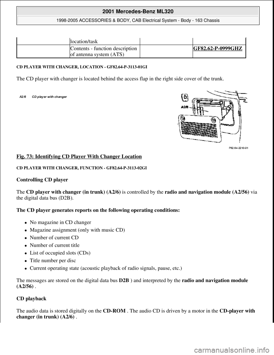 MERCEDES-BENZ ML430 1997  Complete Repair Manual CD PLAYER WITH CHANGER, LOCATION - GF82.64-P-3113-01GI 
The CD player with changer is located behind the access flap in the right side cover of the trunk. 
Fig. 73: Identifying CD Player With Changer 