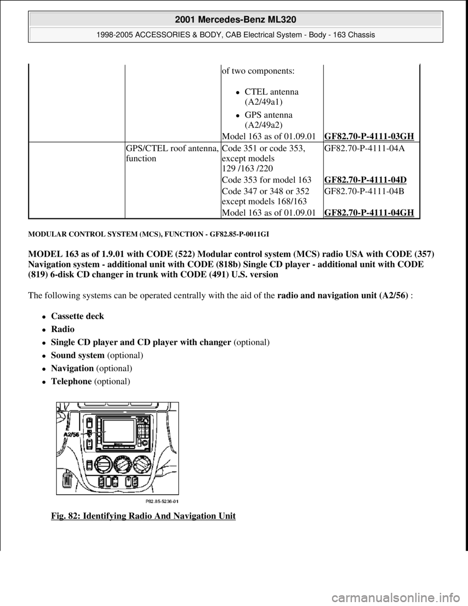 MERCEDES-BENZ ML430 1997  Complete Repair Manual MODULAR CONTROL SYSTEM (MCS), FUNCTION - GF82.85-P-0011GI 
MODEL 163 as of 1.9.01 with CODE (522) Modular control system (MCS) radio USA with CODE (357) 
Navigation system - additional unit with CODE 
