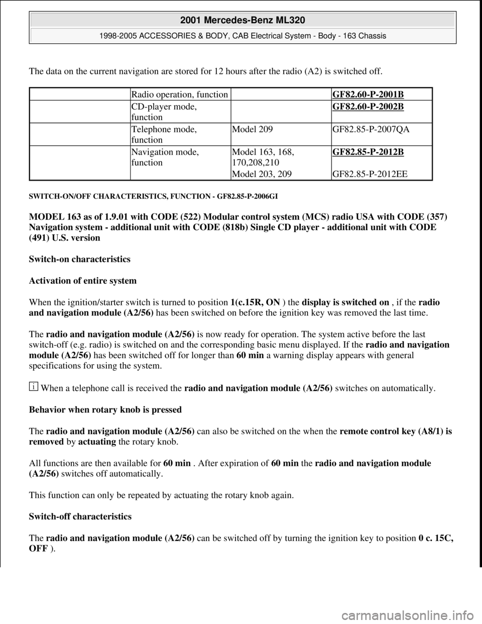 MERCEDES-BENZ ML430 1997  Complete Repair Manual The data on the current navigation are stored for 12 hours after the radio (A2) is switched off. 
SWITCH-ON/OFF CHARACTERISTICS, FUNCTION - GF82.85-P-2006GI 
MODEL 163 as of 1.9.01 with CODE (522) Mod