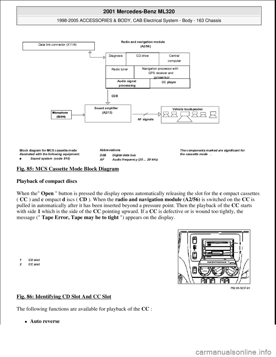 MERCEDES-BENZ ML430 1997  Complete Repair Manual Fig. 85: MCS Cassette Mode Block Diagram  
Playback of compact discs     
When the"   Open " button is pressed the display opens au tomatically releasing the slot for the compact cassettes  
(   CC  )