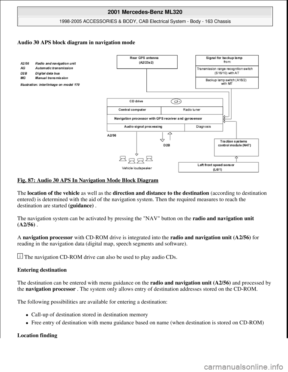 MERCEDES-BENZ ML430 1997  Complete Repair Manual Audio 30 APS block diagram in navigation mode
Fig. 87: Audio 30 APS In Navigation Mode Block Diagram
 
The location of the vehicle as well as the direction and distance to the destination (according t
