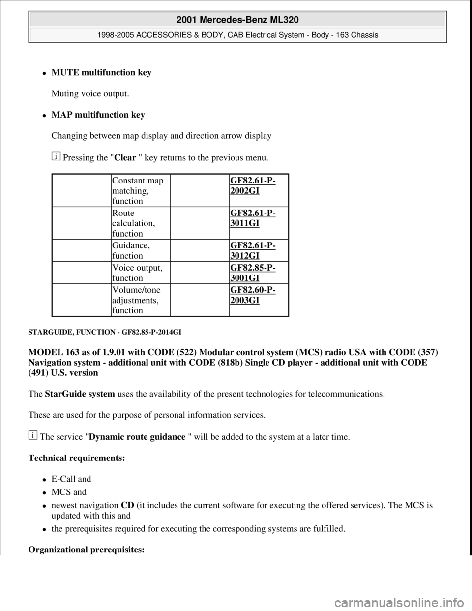 MERCEDES-BENZ ML430 1997  Complete Repair Manual MUTE multifunction key 
Muting voice output. 
MAP multifunction key 
Changing between map display and direction arrow display 
 Pressing the "Clear " key returns to the previous menu. 
STARGUIDE