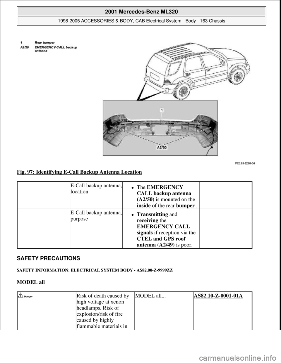 MERCEDES-BENZ ML430 1997  Complete Repair Manual Fig. 97: Identifying E-Call Backup Antenna Location 
SAFETY PRECAUTIONS 
SAFETY INFORMATION: ELECTRICAL SYSTEM BODY - AS82.00-Z-9999ZZ 
MODEL all  
 E-Call backup antenna, 
locationThe EMERGENCY 
C
