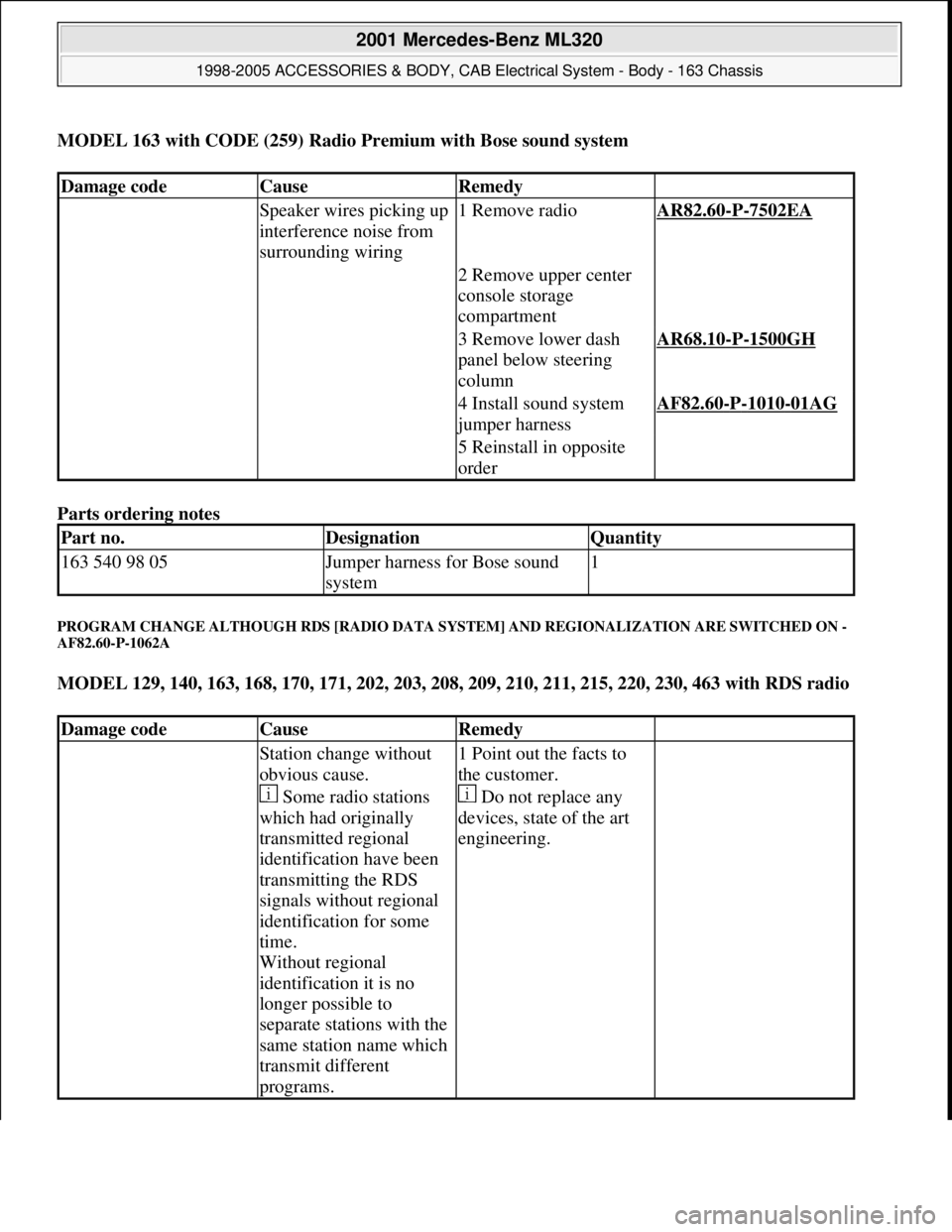 MERCEDES-BENZ ML430 1997  Complete Repair Manual MODEL 163 with CODE (259) Radio Premium with Bose sound system
Parts ordering notes 
PROGRAM CHANGE ALTHOUGH RDS [RADIO DATA SYSTEM] AND REGIONALIZATION ARE SWITCHED ON - 
AF82.60-P-1062A 
MODEL 129, 