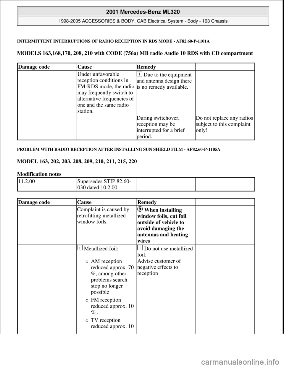 MERCEDES-BENZ ML430 1997  Complete Repair Manual INTERMITTENT INTERRUPTIONS OF RADIO RECEPTION IN RDS MODE - AF82.60-P-1101A 
MODELS 163,168,170, 208, 210 with CODE (756a) MB radio Audio 10 RDS with CD compartment  
PROBLEM WITH RADIO RECEPTION AFTE