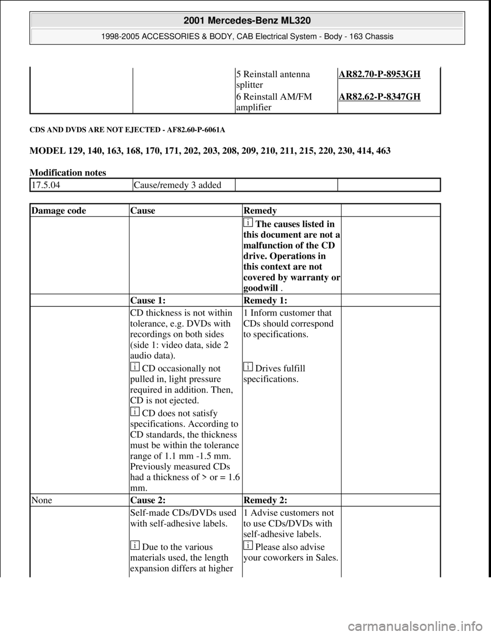 MERCEDES-BENZ ML430 1997  Complete Repair Manual CDS AND DVDS ARE NOT EJECTED - AF82.60-P-6061A 
MODEL 129, 140, 163, 168, 170, 171, 202, 203, 208, 209, 210, 211, 215, 220, 230, 414, 463  
Modification notes 
  5 Reinstall antenna 
splitterAR82.70-P