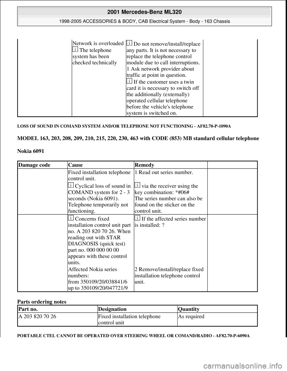 MERCEDES-BENZ ML430 1997  Complete Repair Manual LOSS OF SOUND IN COMAND SYSTEM AND/OR TELEPHONE NOT FUNCTIONING - AF82.70-P-1090A 
MODEL 163, 203, 208, 209, 210, 215, 220, 230, 463 with CODE (853) MB standard cellular telephone  
Nokia 6091  
Parts