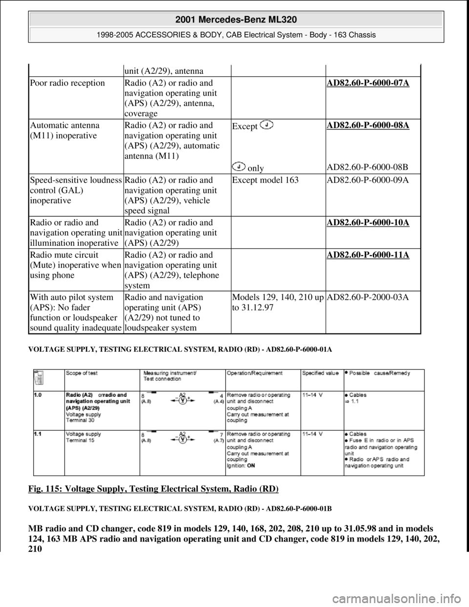MERCEDES-BENZ ML430 1997  Complete Repair Manual VOLTAGE SUPPLY, TESTING ELECTRICAL SYSTEM, RADIO (RD) - AD82.60-P-6000-01A 
Fig. 115: Voltage Supply, Testing Electrical System, Radio (RD) 
VOLTAGE SUPPLY, TESTING ELECTRICAL SYSTEM, RADIO (RD) - AD8