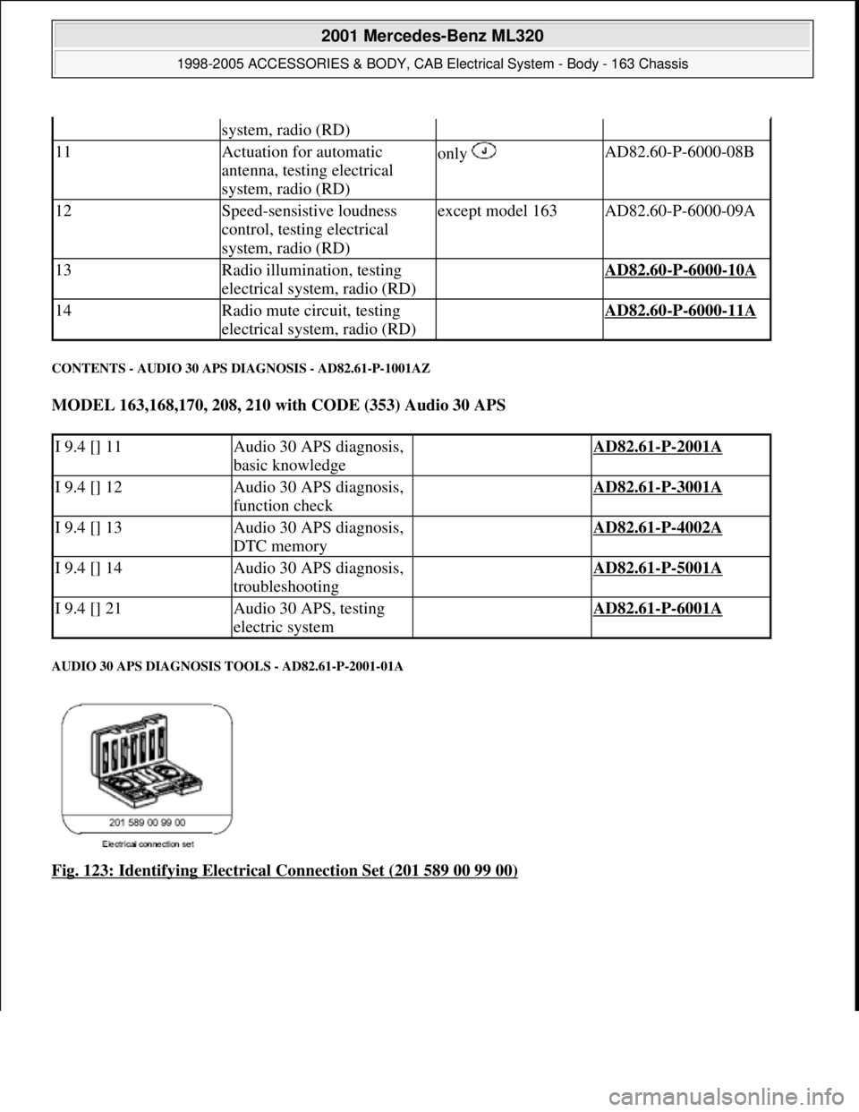 MERCEDES-BENZ ML430 1997  Complete Repair Manual CONTENTS - AUDIO 30 APS DIAGNOSIS - AD82.61-P-1001AZ 
MODEL 163,168,170, 208, 210 with CODE (353) Audio 30 APS  
AUDIO 30 APS DIAGNOSIS TOOLS - AD82.61-P-2001-01A 
Fig. 123: Identifying Electrical Con