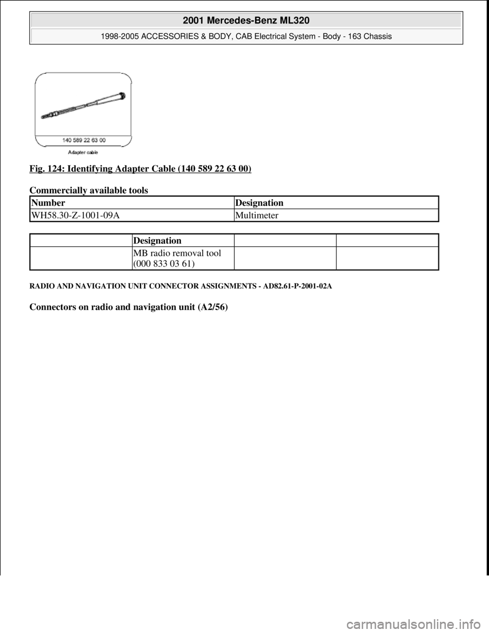 MERCEDES-BENZ ML430 1997  Complete Repair Manual Fig. 124: Identifying Adapter Cable (140 589 22 63 00) 
Commercially available tools 
RADIO AND NAVIGATION UNIT CONNECTOR ASSIGNMENTS - AD82.61-P-2001-02A 
Connectors on radio and navigation unit (A2/
