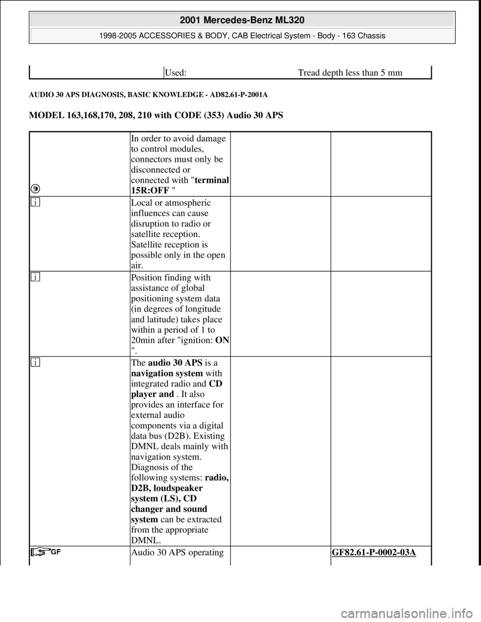 MERCEDES-BENZ ML430 1997  Complete Repair Manual AUDIO 30 APS DIAGNOSIS, BASIC KNOWLEDGE - AD82.61-P-2001A 
MODEL 163,168,170, 208, 210 with CODE (353) Audio 30 APS  
 Used:Tread depth less than 5 mm
 
In order to avoid damage 
to control modules, 
