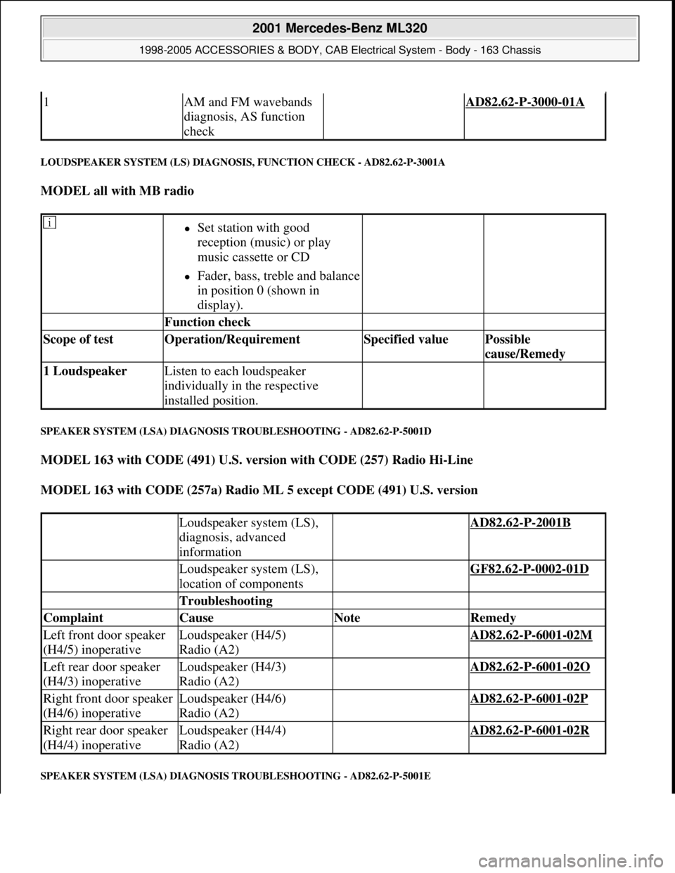 MERCEDES-BENZ ML430 1997  Complete Repair Manual LOUDSPEAKER SYSTEM (LS) DIAGNOSIS, FUNCTION CHECK - AD82.62-P-3001A 
MODEL all with MB radio  
SPEAKER SYSTEM (LSA) DIAGNOSIS TROUBLESHOOTING - AD82.62-P-5001D 
MODEL 163 with CODE (491) U.S. version 