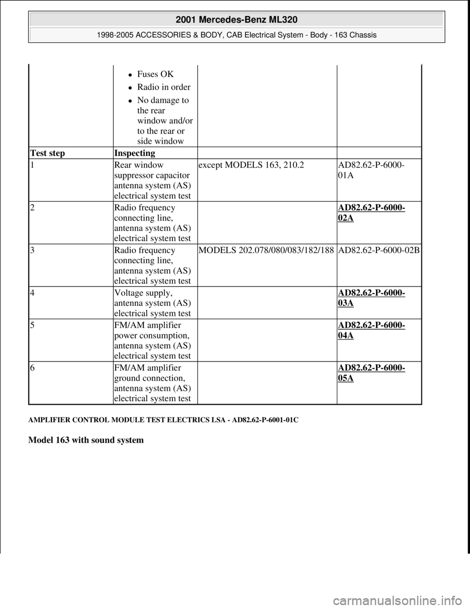 MERCEDES-BENZ ML430 1997  Complete Repair Manual AMPLIFIER CONTROL MODULE TEST ELECTRICS LSA - AD82.62-P-6001-01C 
Model 163 with sound system  
Fuses OK  
Radio in order  
No damage to 
the rear 
window and/or 
to the rear or 
side window 