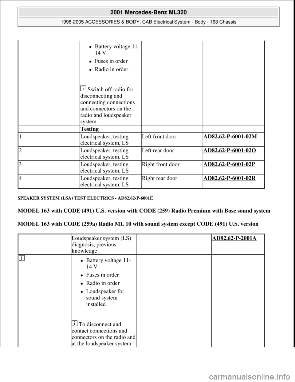 MERCEDES-BENZ ML430 1997  Complete Repair Manual SPEAKER SYSTEM (LSA) TEST ELECTRICS - AD82.62-P-6001E 
MODEL 163 with CODE (491) U.S. version with CODE (259) Radio Premium with Bose sound system  
MODEL 163 with CODE (259a) Radio ML 10 with sound s