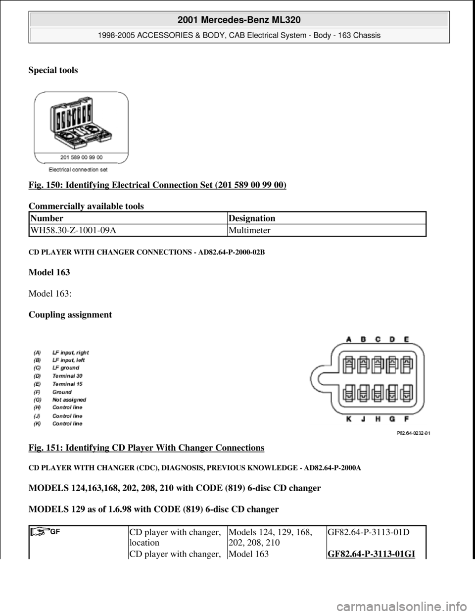 MERCEDES-BENZ ML430 1997  Complete Repair Manual Special tools  
Fig. 150: Identifying Electrical Connection Set (201 589 00 99 00)
 
Commercially available tools 
CD PLAYER WITH CHANGER CONNECTIONS - AD82.64-P-2000-02B 
Model 163  
Model 163: 
Coup