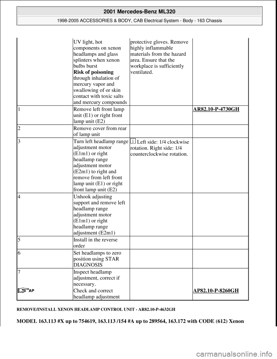 MERCEDES-BENZ ML430 1997  Complete Repair Manual REMOVE/INSTALL XENON HEADLAMP CONTROL UNIT - AR82.10-P-4632GH 
MODEL 163.113 #X up to 754619, 163.113 /154 #A up to 289564, 163.172 with CODE (612) Xenon 
UV light, hot 
components on xenon 
headlamps