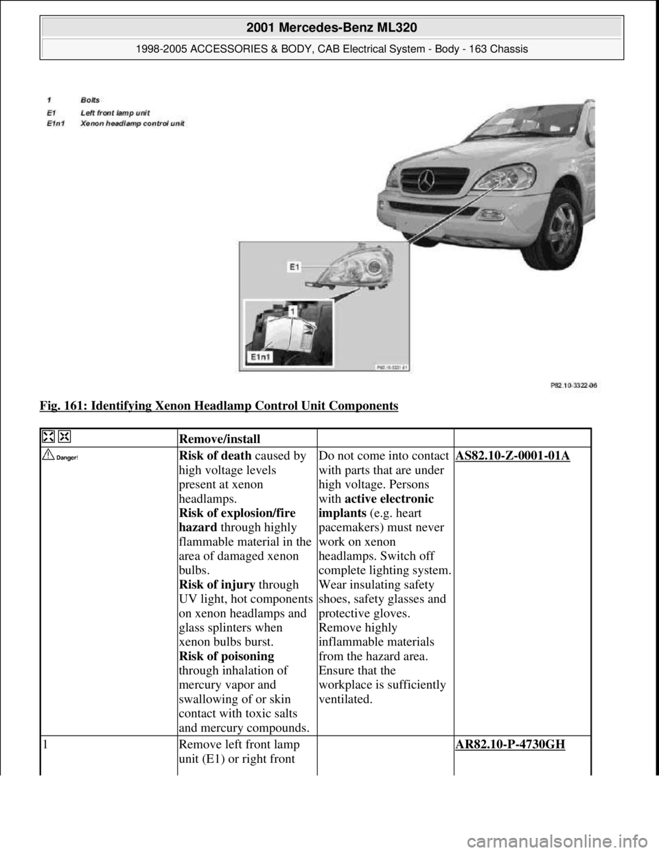MERCEDES-BENZ ML430 1997  Complete Repair Manual Fig. 161: Identifying Xenon Headlamp Control Unit Components 
  Remove/install  
 Risk of death caused by 
high voltage levels 
present at xenon 
headlamps. 
Risk of explosion/fire 
hazard through hig