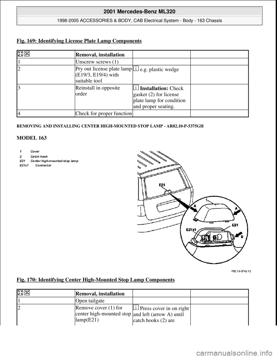 MERCEDES-BENZ ML430 1997  Complete Repair Manual Fig. 169: Identifying License Plate Lamp Components
REMOVING AND INSTALLING CENTER HIGH-MOUNTED STOP LAMP - AR82.10-P-5375GH 
MODEL 163  
Fig. 170: Identifying Center High
-Mounted Stop Lamp Component