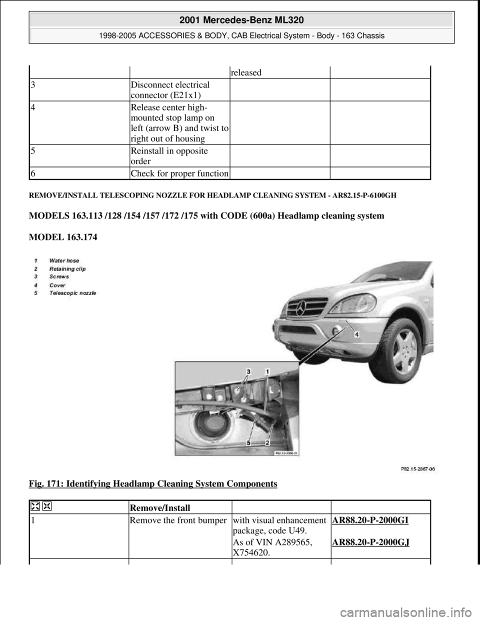 MERCEDES-BENZ ML430 1997  Complete Repair Manual REMOVE/INSTALL TELESCOPING NOZZLE FOR HEADLAMP CLEANING SYSTEM - AR82.15-P-6100GH 
MODELS 163.113 /128 /154 /157 /172 /175 with CODE (600a) Headlamp cleaning system  
MODEL 163.174  
Fig. 171: Identif