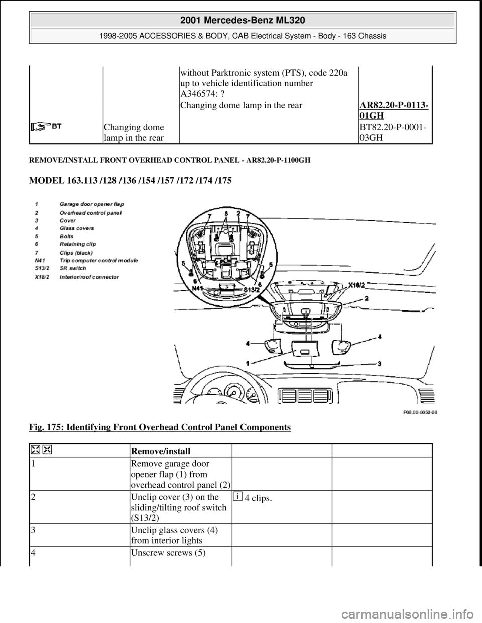 MERCEDES-BENZ ML430 1997  Complete Repair Manual REMOVE/INSTALL FRONT OVERHEAD CONTROL PANEL - AR82.20-P-1100GH 
MODEL 163.113 /128 /136 /154 /157 /172 /174 /175  
Fig. 175: Identifying Front Overhead Control Panel Components
 
without Parktronic sy