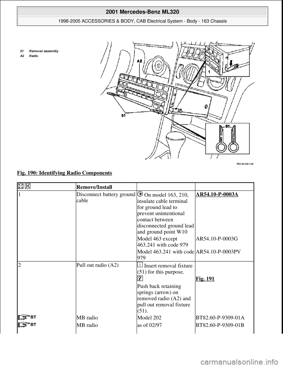 MERCEDES-BENZ ML430 1997  Complete Repair Manual Fig. 190: Identifying Radio Components 
  Remove/Install  
1Disconnect battery ground 
cable On model 163, 210, 
insulate cable terminal 
for ground lead to 
prevent unintentional 
contact between 
di