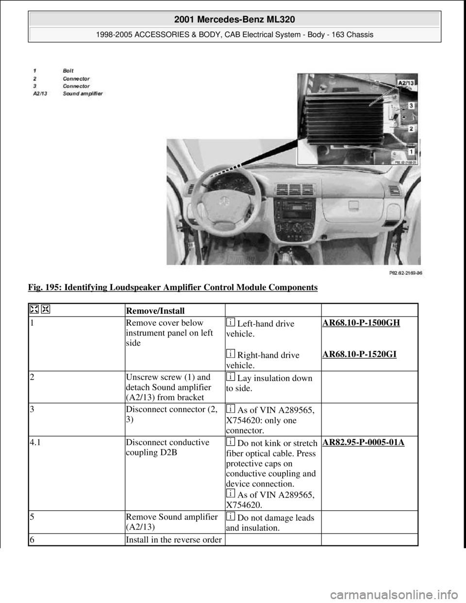 MERCEDES-BENZ ML430 1997  Complete Repair Manual Fig. 195: Identifying Loudspeaker Amplifier Control Module Components 
  Remove/Install  
1Remove cover below 
instrument panel on left 
side Left-hand drive 
vehicle.AR68.10-P-1500GH 
   Right-hand d