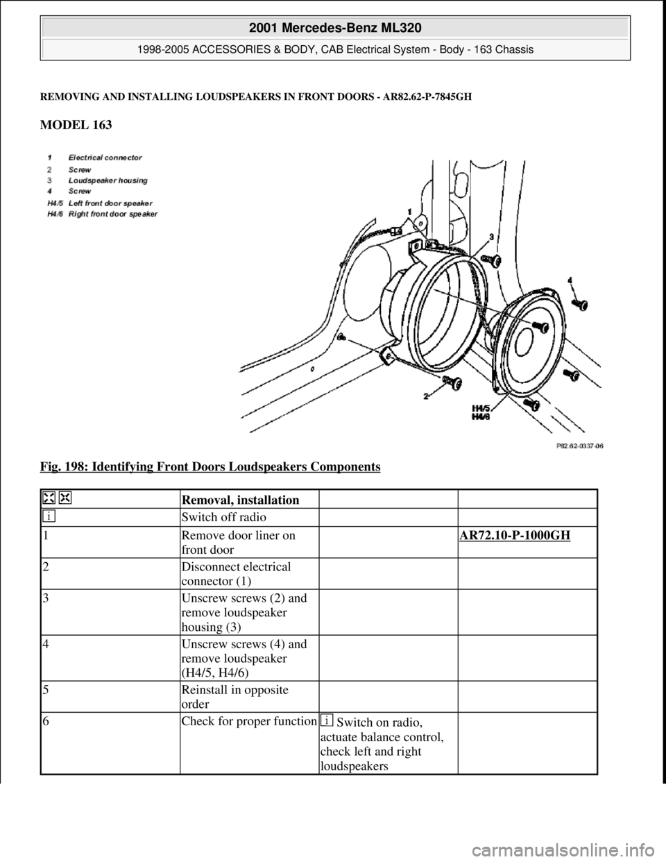MERCEDES-BENZ ML430 1997  Complete Repair Manual REMOVING AND INSTALLING LOUDSPEAKERS IN FRONT DOORS - AR82.62-P-7845GH 
MODEL 163  
Fig. 198: Identifying Front Doors Loudspeakers Components
 
  Removal, installation  
 Switch off radio  
1Remove do