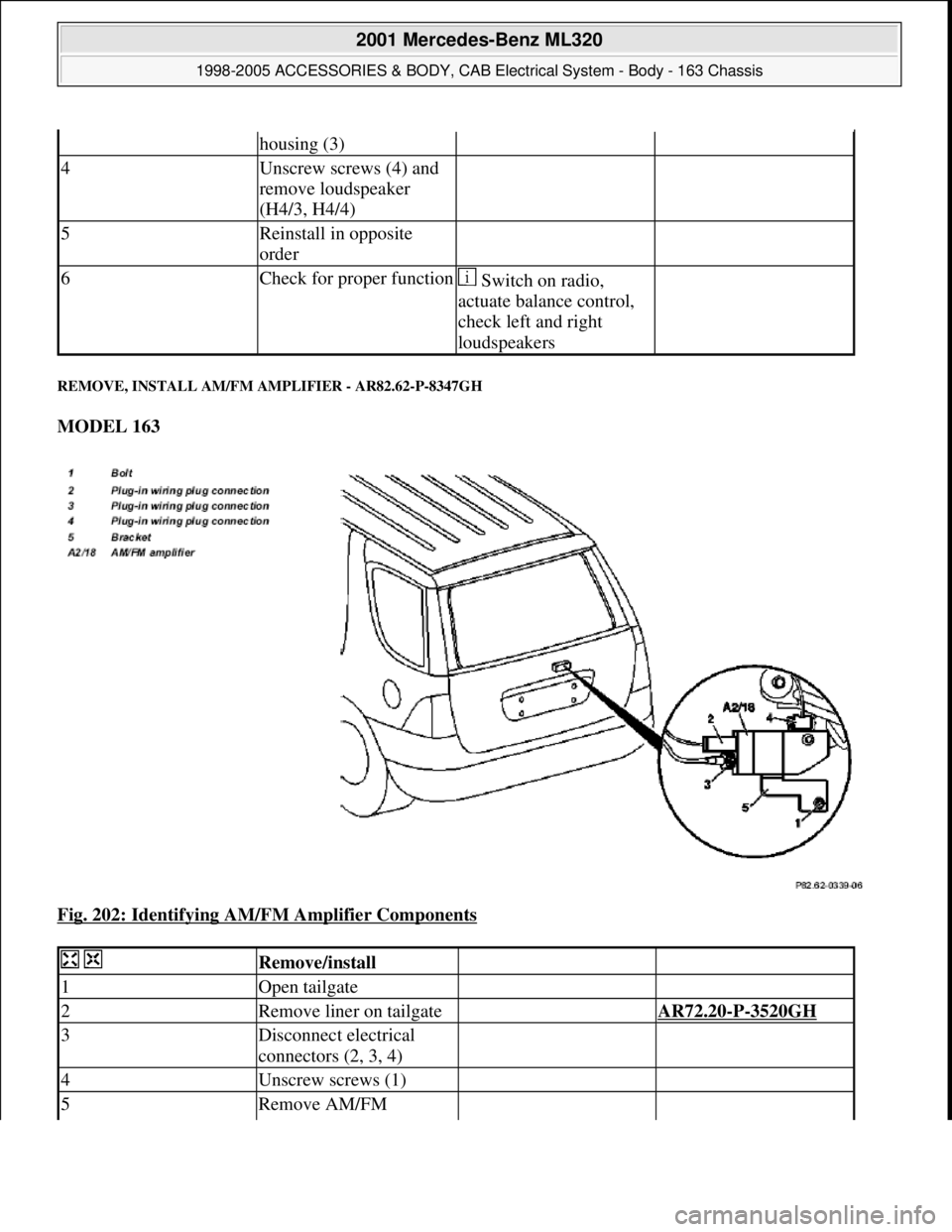 MERCEDES-BENZ ML430 1997  Complete Repair Manual REMOVE, INSTALL AM/FM AMPLIFIER - AR82.62-P-8347GH 
MODEL 163  
Fig. 202: Identifying AM/FM Amplifier Components
 
housing (3)
4Unscrew screws (4) and 
remove loudspeaker 
(H4/3, H4/4)  
5Reinstall in