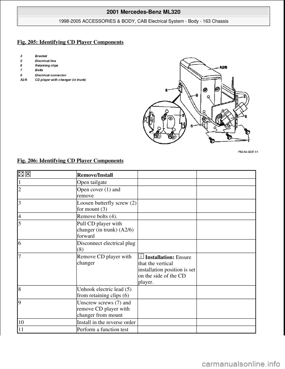 MERCEDES-BENZ ML430 1997  Complete Repair Manual Fig. 205: Identifying CD Player Components
Fig. 206: Identifying CD Player Components 
  Remove/Install  
1Open tailgate  
2Open cover (1) and 
remove  
3Loosen butterfly screw (2) 
for mount (3)  
4R