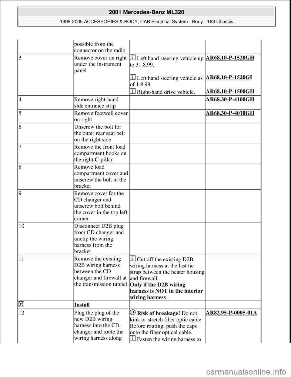 MERCEDES-BENZ ML430 1997  Complete Repair Manual possible from the 
connector on the radio
3Remove cover on right 
under the instrument 
panel Left hand steering vehicle up 
to 31.8.99.AR68.10-P-1520GH 
   Left hand steering vehicle as 
of 1.9.99.AR