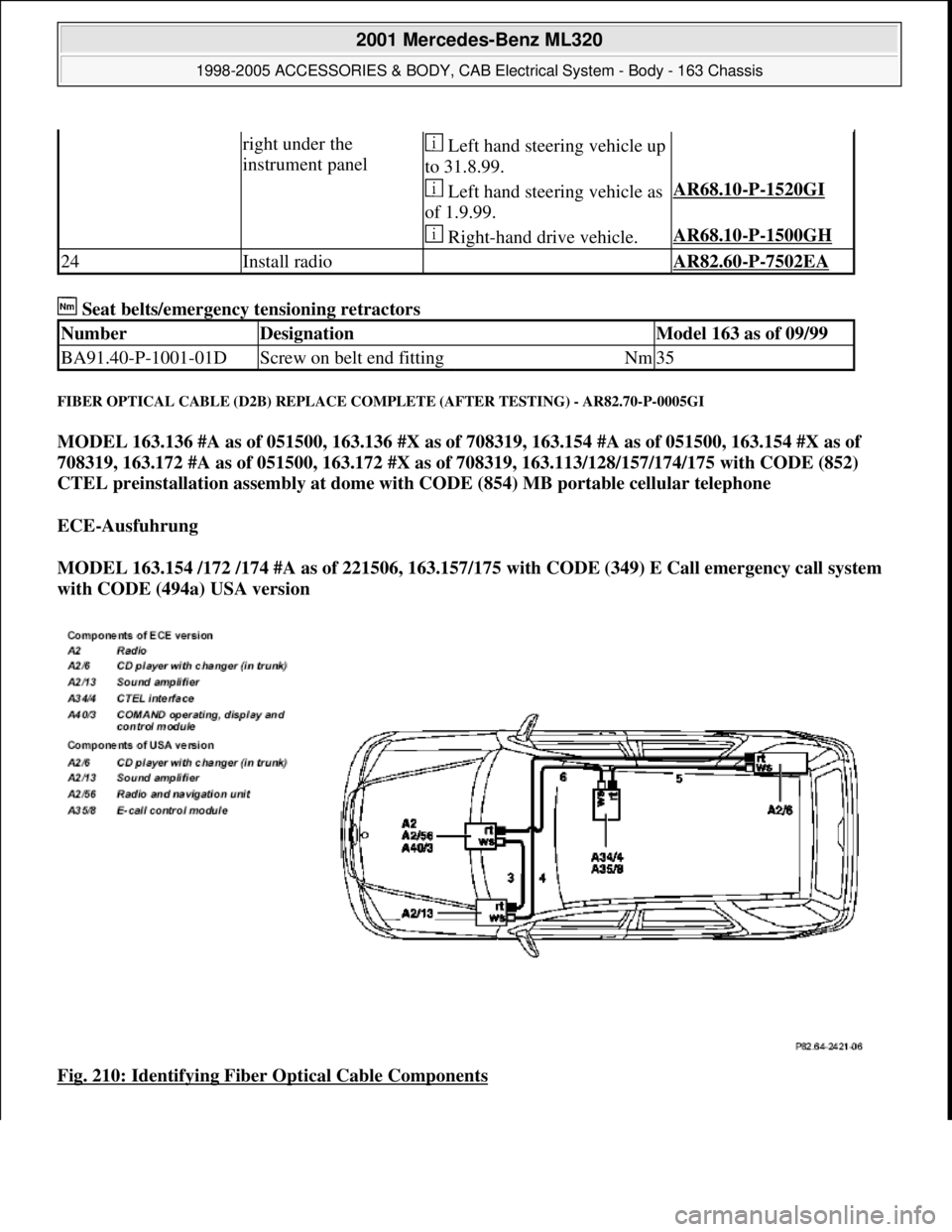 MERCEDES-BENZ ML430 1997  Complete Repair Manual  Seat belts/emergency tensioning retractors 
FIBER OPTICAL CABLE (D2B) REPLACE COMPLETE (AFTER TESTING) - AR82.70-P-0005GI 
MODEL 163.136 #A as of 051500, 163.136 #X as of 708319, 163.154 #A as of 051