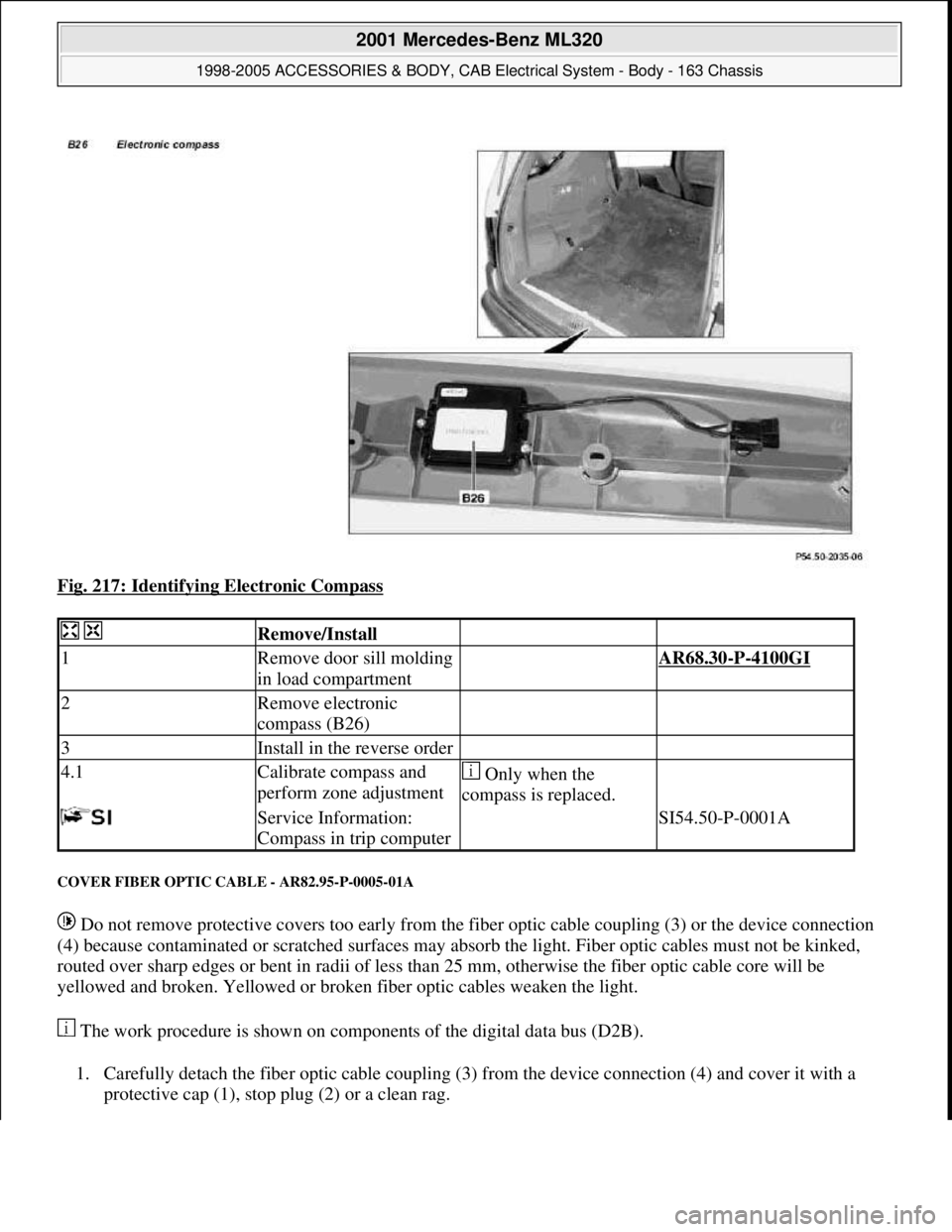 MERCEDES-BENZ ML430 1997  Complete Repair Manual Fig. 217: Identifying Electronic Compass 
COVER FIBER OPTIC CABLE - AR82.95-P-0005-01A 
 Do not remove protective covers too early from the fiber optic cable coupling (3) or the device connection 
(4)