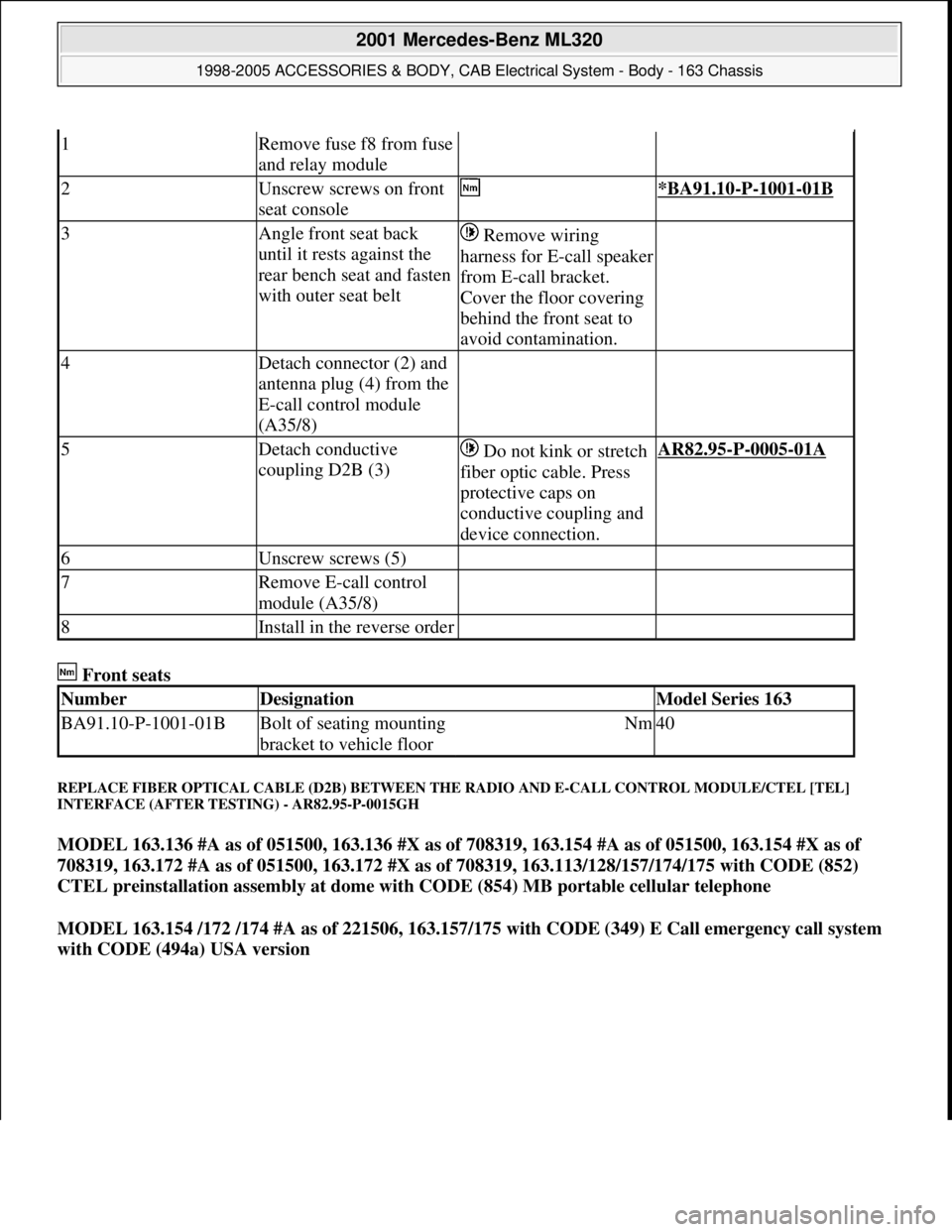MERCEDES-BENZ ML430 1997  Complete Repair Manual  Front seats 
REPLACE FIBER OPTICAL CABLE (D2B) BETWEEN THE RADIO AND E-CALL CONTROL MODULE/CTEL [TEL] 
INTERFACE (AFTER TESTING) - AR82.95-P-0015GH 
MODEL 163.136 #A as of 051500, 163.136 #X as of 70