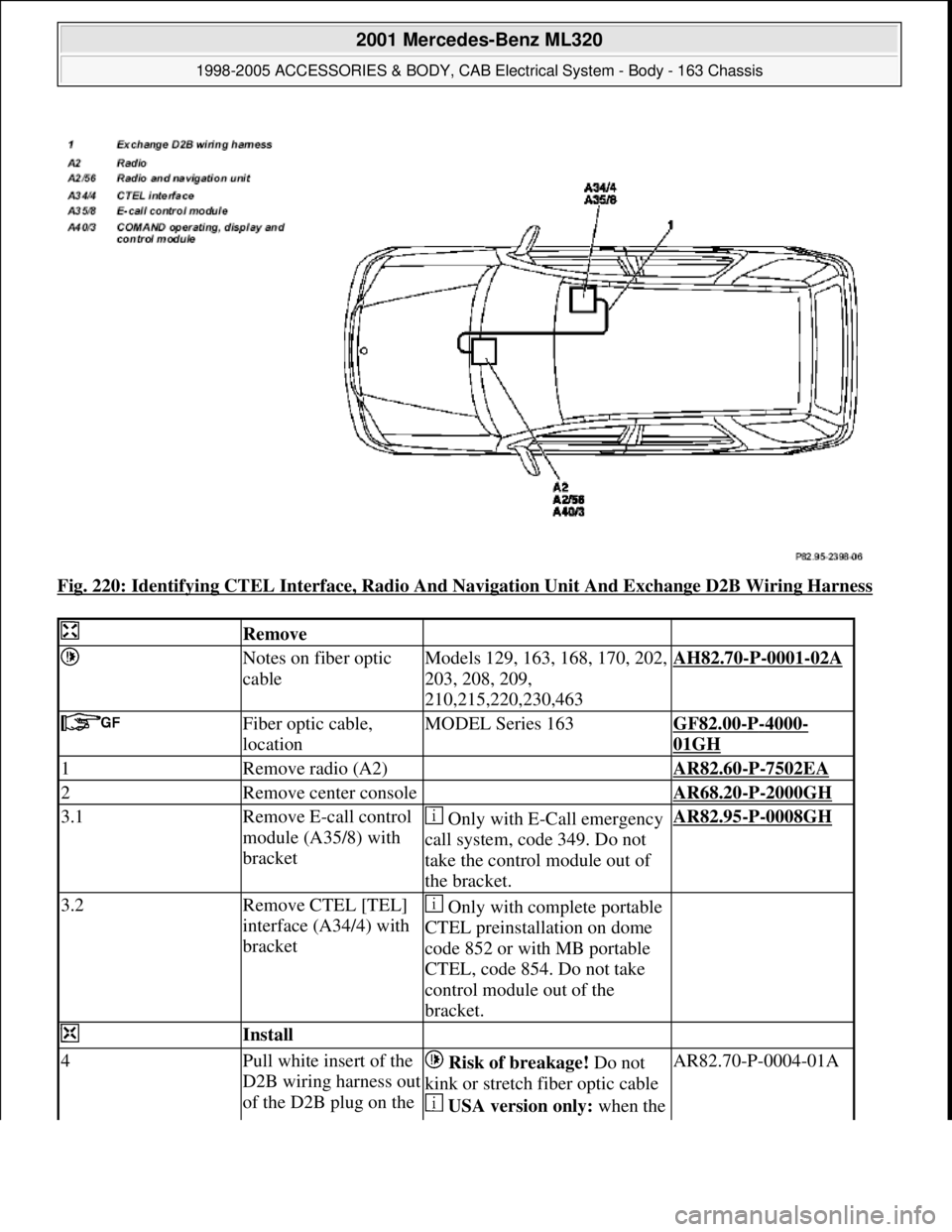 MERCEDES-BENZ ML430 1997  Complete Repair Manual Fig. 220: Identifying CTEL Interface, Radio And Navigation Unit And Exchange D2B Wiring Harness 
 Remove  
 Notes on fiber optic 
cableModels 129, 163, 168, 170, 202, 
203, 208, 209, 
210,215,220,230,