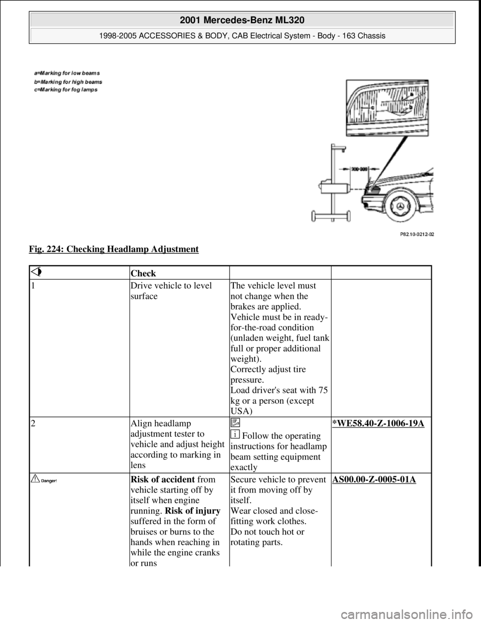 MERCEDES-BENZ ML430 1997  Complete Repair Manual Fig. 224: Checking Headlamp Adjustment 
 Check  
1Drive vehicle to level 
surfaceThe vehicle level must 
not change when the 
brakes are applied. 
Vehicle must be in ready-
for-the-road condition 
(un