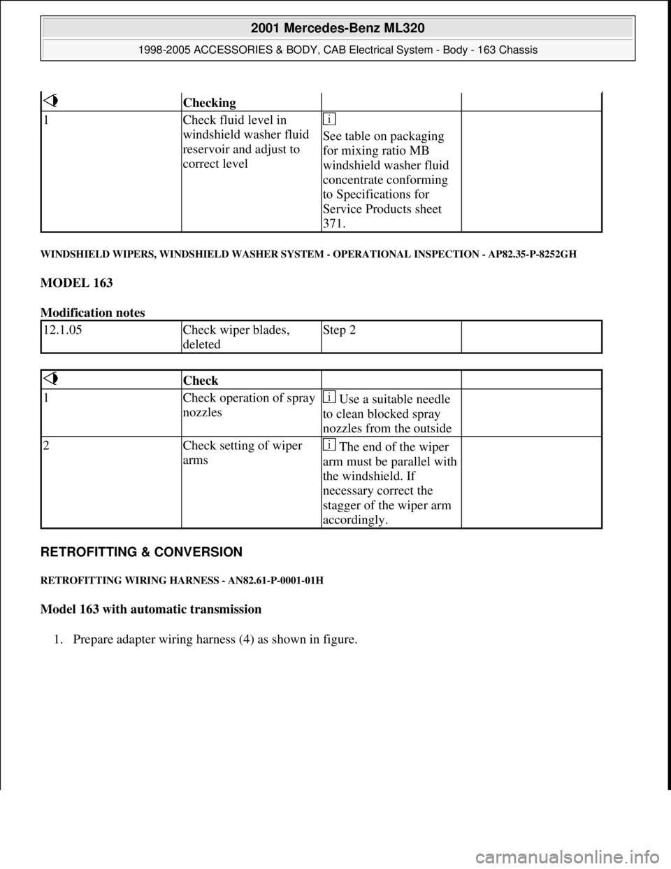MERCEDES-BENZ ML430 1997  Complete Repair Manual WINDSHIELD WIPERS, WINDSHIELD WASHER SYSTEM - OPERATIONAL INSPECTION - AP82.35-P-8252GH 
MODEL 163  
Modification notes 
RETROFITTING & CONVERSION 
RETROFITTING WIRING HARNESS - AN82.61-P-0001-01H 
Mo