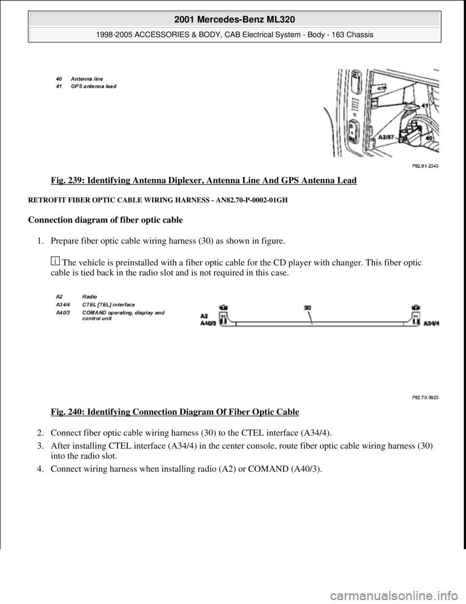 MERCEDES-BENZ ML430 1997  Complete Repair Manual Fig. 239: Identifying Antenna Diplexer, Antenna Line And GPS Antenna Lead 
RETROFIT FIBER OPTIC CABLE WIRING HARNESS - AN82.70-P-0002-01GH 
Connection diagram of fiber optic cable  
1. Prepare fiber o