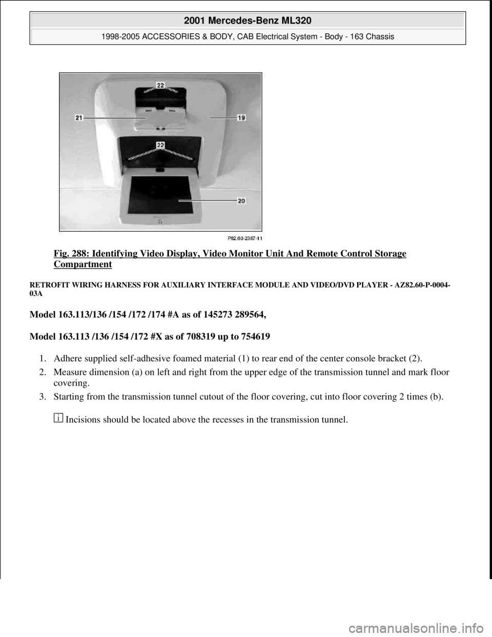 MERCEDES-BENZ ML430 1997  Complete Repair Manual Fig. 288: Identifying Video Display, Video Monitor Unit And Remote Control Storage 
Compartment 
RETROFIT WIRING HARNESS FOR AUXILIARY INTERFACE MODULE AND VIDEO/DVD PLAYER - AZ82.60-P-0004-
03A 
Mode