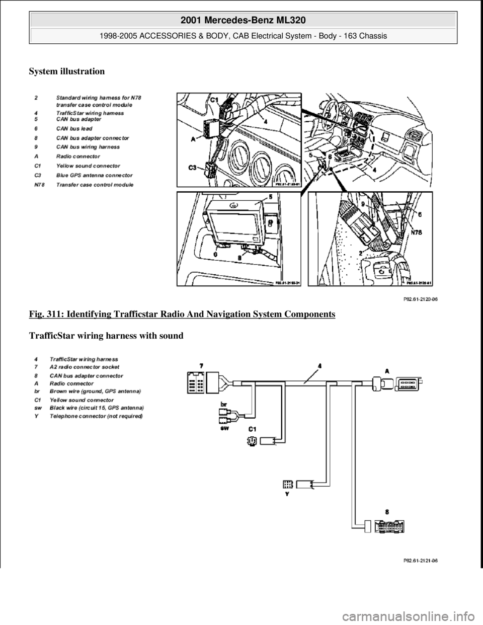 MERCEDES-BENZ ML430 1997  Complete Repair Manual System illustration    
Fig. 311: Identifying Trafficstar Radi  o And Navigation System Components
  
TrafficStar wiring harness with sound    
 
2001 Mercedes-Benz ML320 
1998-2005 ACCESSORIES & BODY