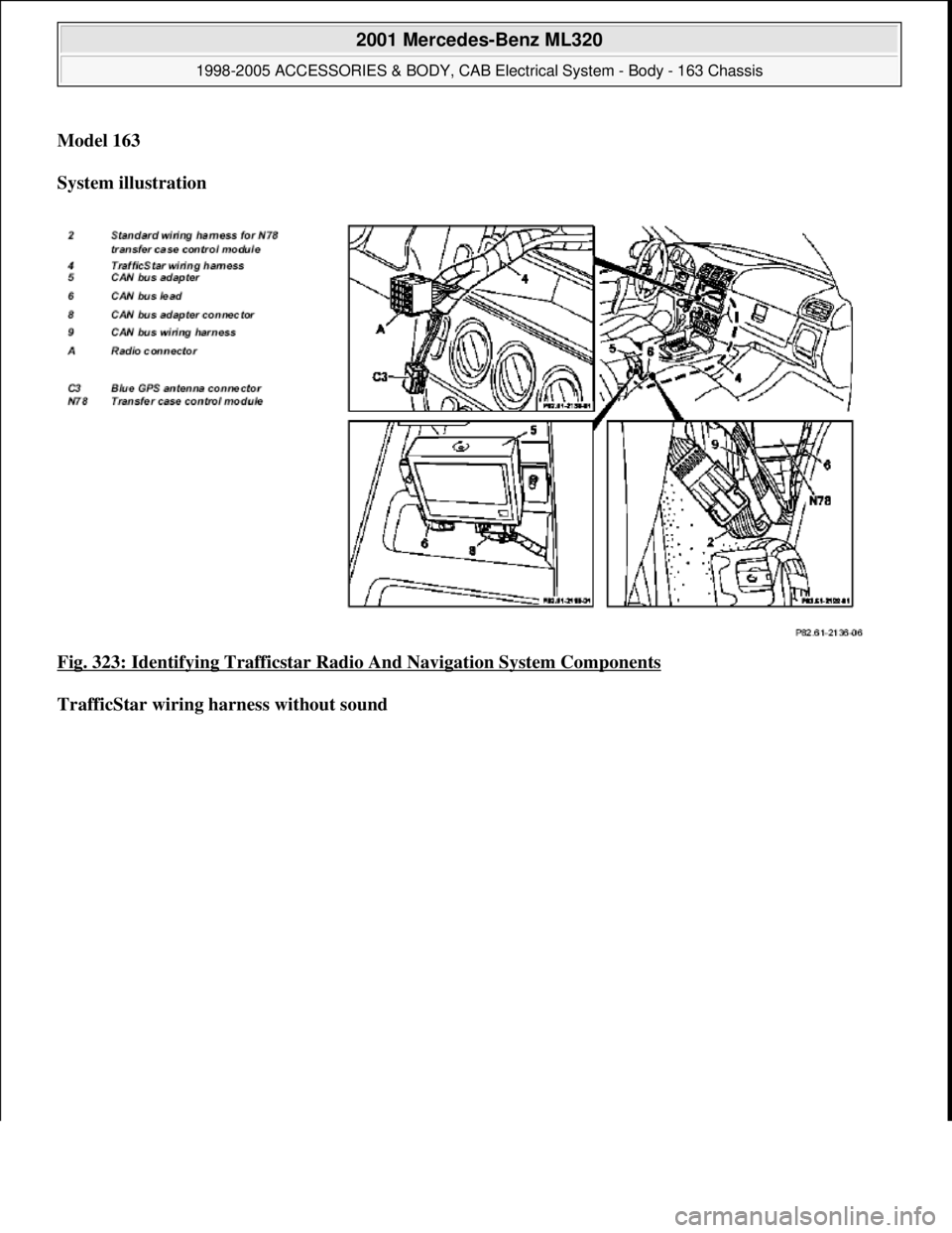 MERCEDES-BENZ ML430 1997  Complete Repair Manual Model 163  
System illustration  
Fig. 323: Identifying Trafficstar Radio And Navigation System Components
 
TrafficStar wiring harness without sound
 
2001 Mercedes-Benz ML320 
1998-2005 ACCESSORIES 
