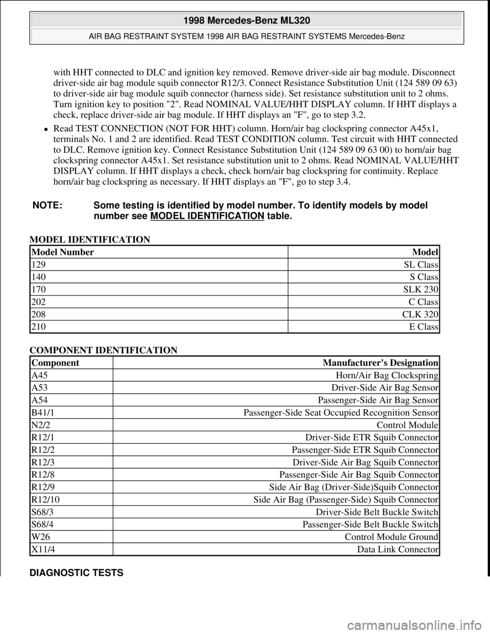 MERCEDES-BENZ ML430 1997 Complete User Guide with HHT connected to DLC and ignition key removed. Remove driver-side air bag module. Disconnect
driver-side air bag module squib connector R12/3. Connect Resistance Substitution Unit (124 589 09 63 MERCEDES-BENZ ML430 1997 Complete User Guide with HHT connected to DLC and ignition key removed. Remove driver-side air bag module. Disconnect
driver-side air bag module squib connector R12/3. Connect Resistance Substitution Unit (124 589 09 63