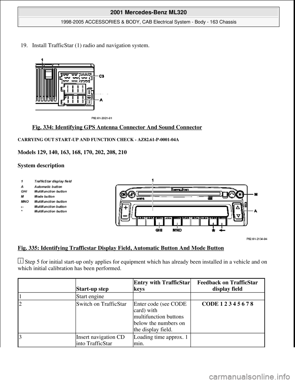 MERCEDES-BENZ ML430 1997  Complete Repair Manual 19. Install TrafficStar (1) ra dio and navigation system.  
Fig. 334: Identifying GPS Antenna   Connector And Sound Connector
 
CARRYING OUT START-UP AND FU NCTION CHECK - AZ82.61-P-0001-04A 
Models 1