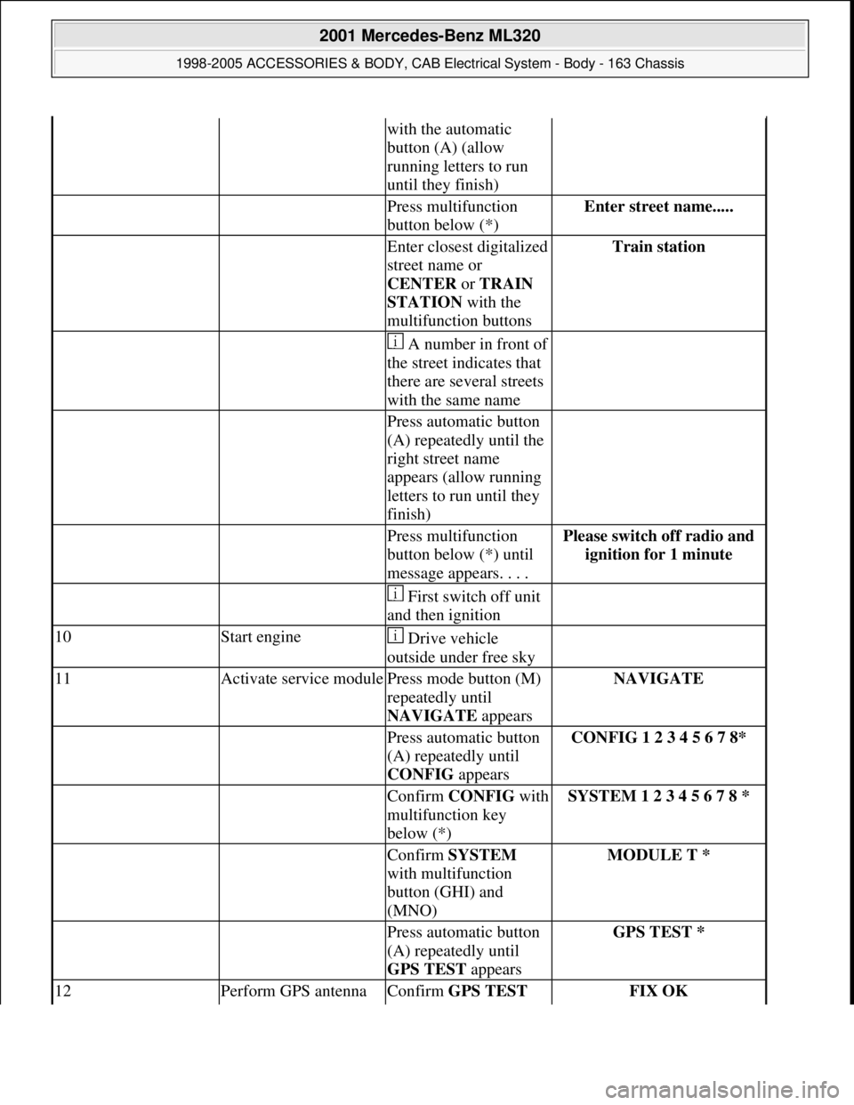 MERCEDES-BENZ ML430 1997  Complete Repair Manual with the automatic 
button (A) (allow 
running letters to run 
until they finish)
  Press multifunction 
button below (*)Enter street name..... 
  Enter closest digitalized 
street name or 
CENTER or 