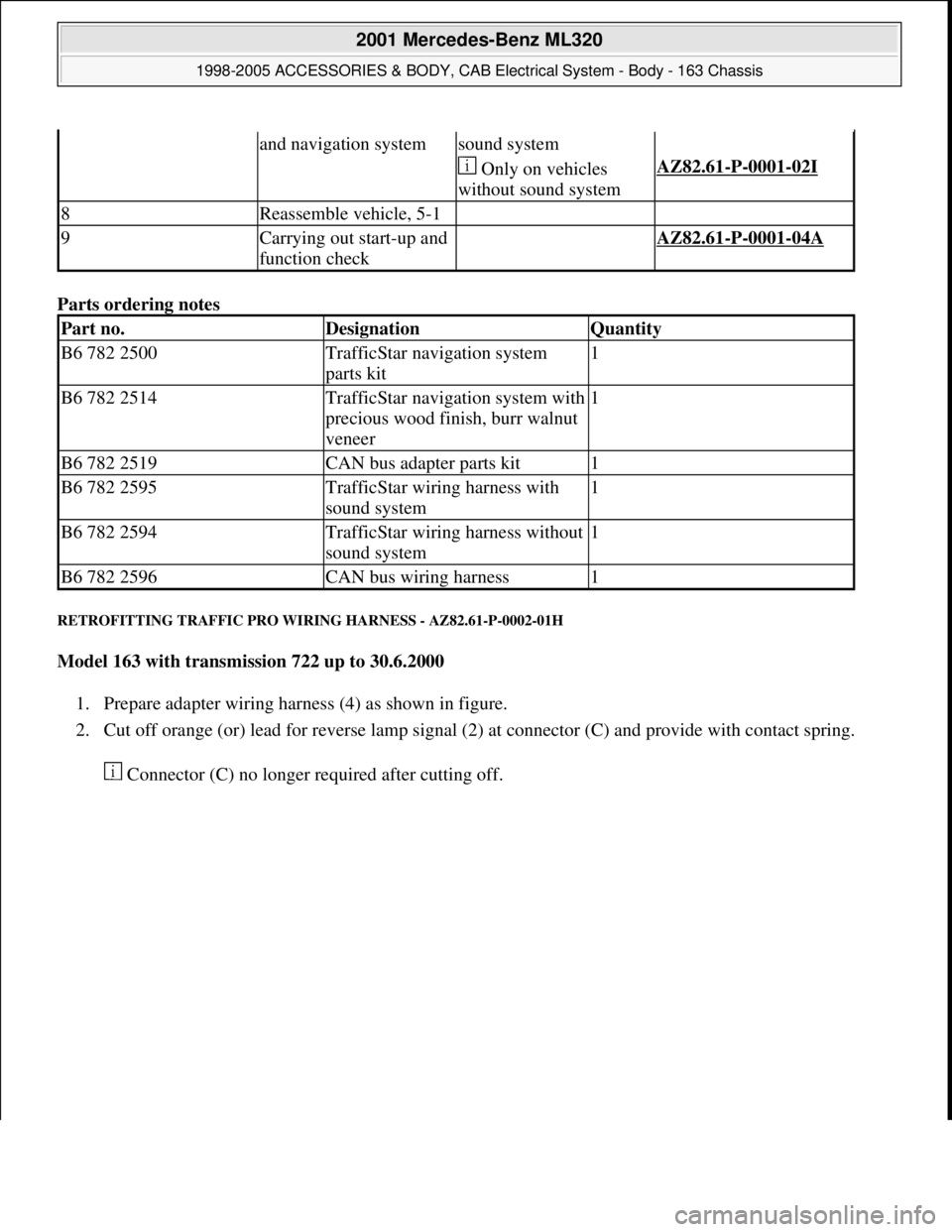 MERCEDES-BENZ ML430 1997  Complete Repair Manual Parts ordering notes 
RETROFITTING TRAFFIC PRO WIRING HARNESS - AZ82.61-P-0002-01H 
Model 163 with transmission 722 up to 30.6.2000  
1. Prepare adapter wiring harness (4) as shown in figure.  
2. Cut