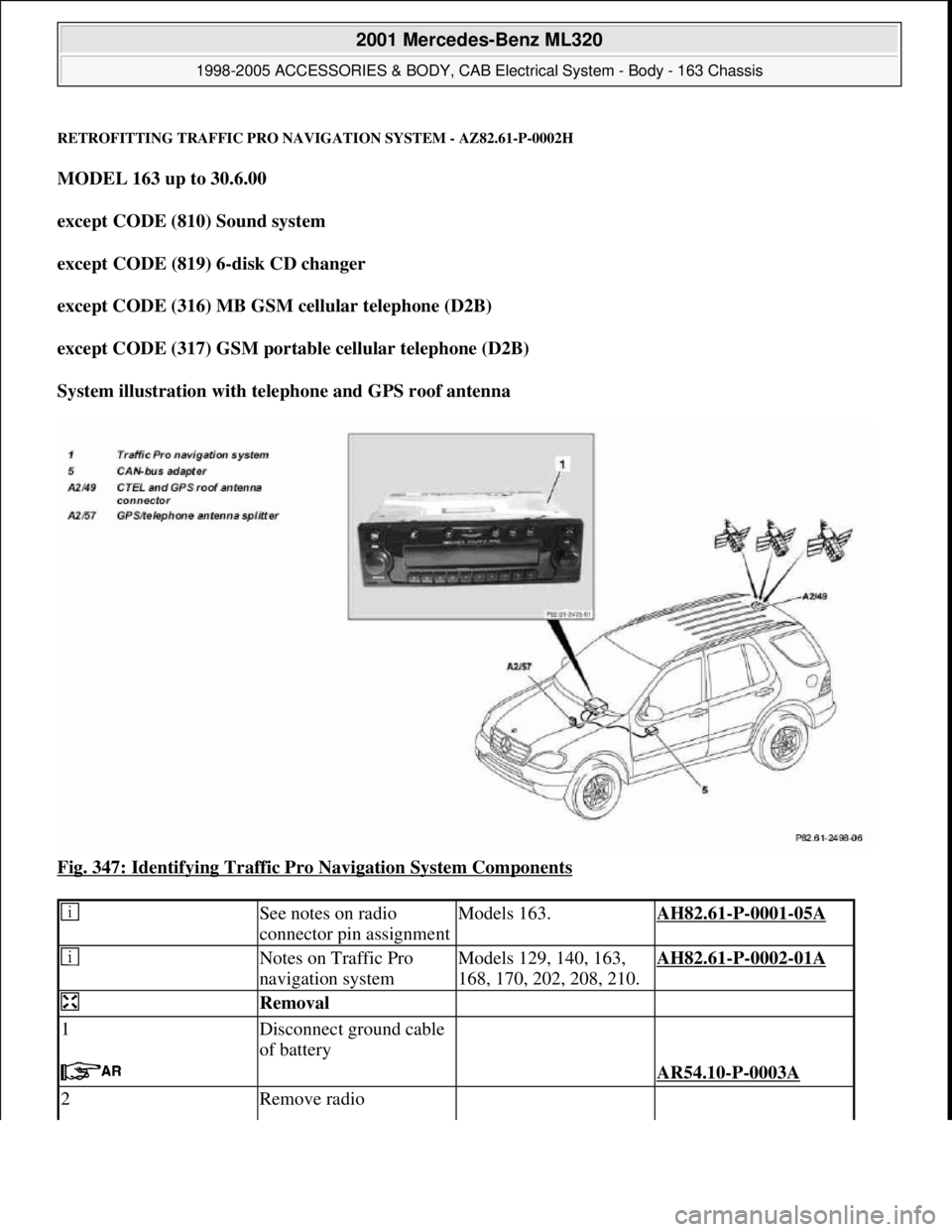 MERCEDES-BENZ ML430 1997  Complete Repair Manual RETROFITTING TRAFFIC PRO NAVIGATION SYSTEM - AZ82.61-P-0002H
MODEL 163 up to 30.6.00  
except CODE (810) Sound system  
except CODE (819) 6-disk CD changer  
except CODE (316) MB GSM cellular telephon