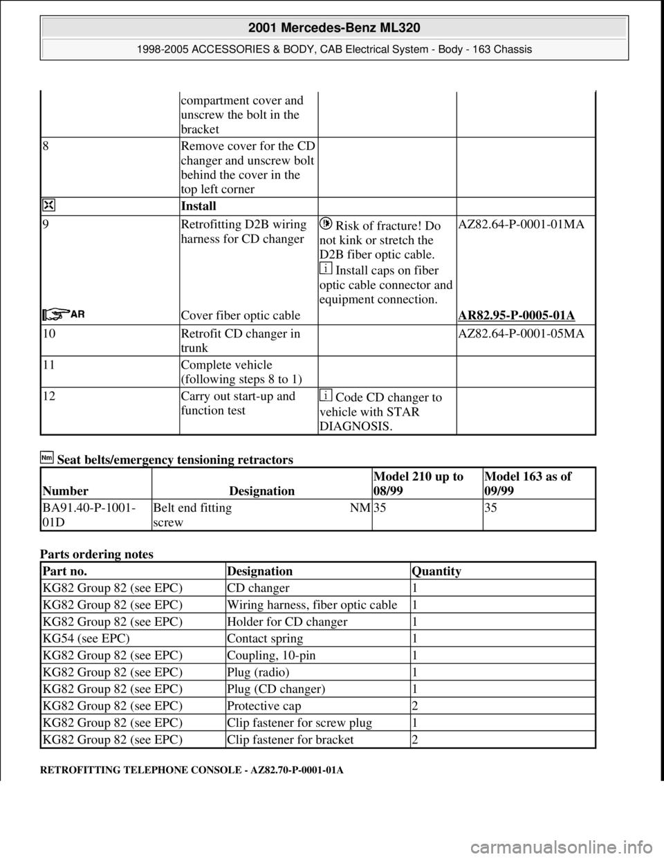 MERCEDES-BENZ ML430 1997  Complete Repair Manual  Seat belts/emergency tensioning retractors 
Parts ordering notes 
RETROFITTING TELEPHONE CONSOLE - AZ82.70-P-0001-01A 
compartment cover and 
unscrew the bolt in the 
bracket
8Remove cover for the CD
