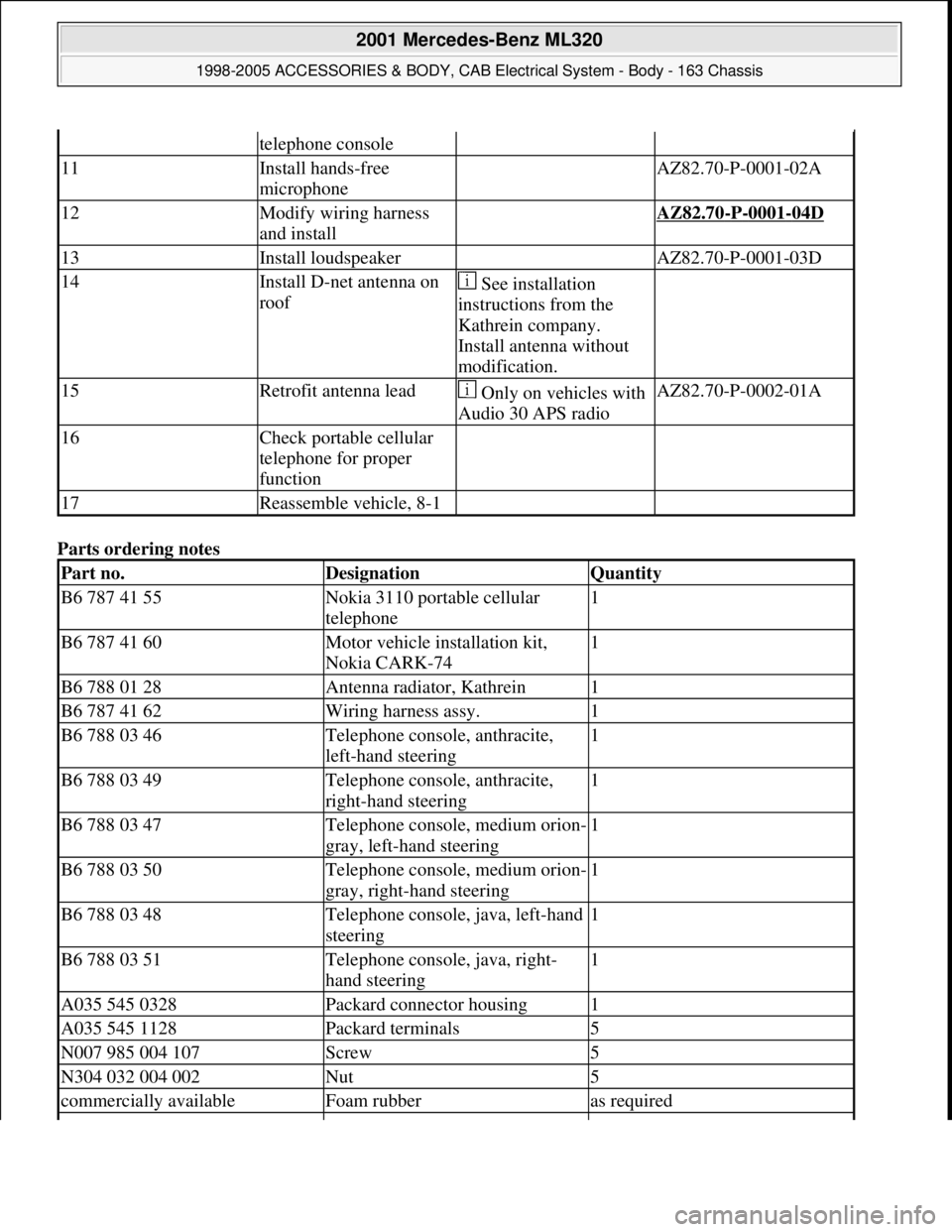 MERCEDES-BENZ ML430 1997  Complete Repair Manual Parts ordering notes 
telephone console
11Install hands-free 
microphone AZ82.70-P-0001-02A
12Modify wiring harness 
and install AZ82.70-P-0001-04D
13Install loudspeaker AZ82.70-P-0001-03D
14Install D