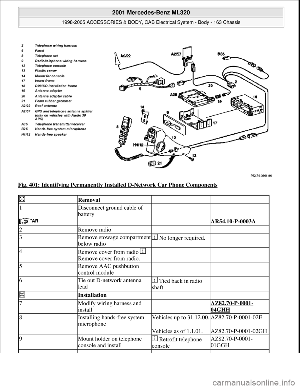 MERCEDES-BENZ ML430 1997  Complete Repair Manual Fig. 401: Identifying Permanently Installed D-Network Car Phone Components 
 Removal  
1Disconnect ground cable of 
battery  
   AR54.10-P-0003A 
2Remove radio  
3Remove stowage compartment 
below rad