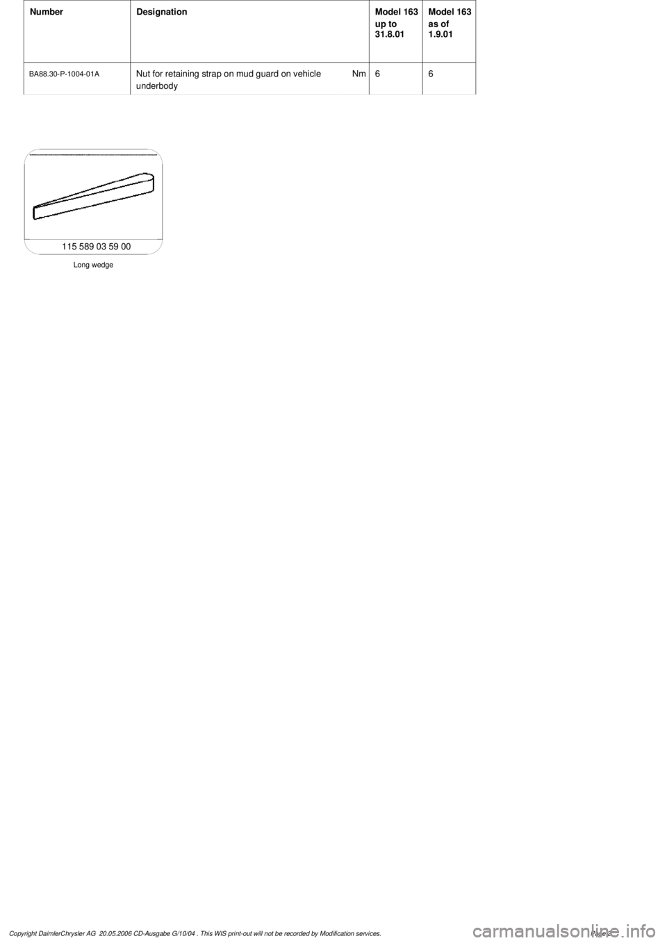MERCEDES-BENZ ML430 1997  Complete Repair Manual 
 Number
Designation
Model 163 

up to 

31.8.01
Model 163 

as of 

1.9.01

BA88.30-P-1004-01A
Nut for retaining strap on mud guard on vehicle 

underbody 
Nm
66

Long wedge

115 589 03 59 00

Copyri